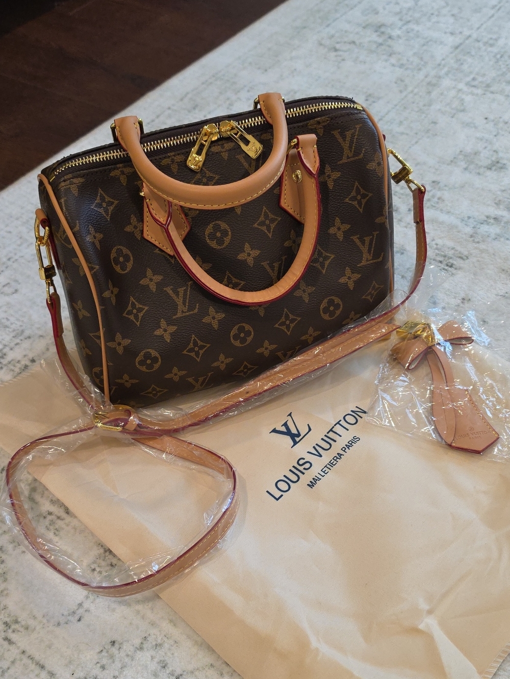 Monogram Satchel in Brown with Tan Trim